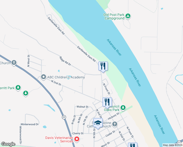 map of restaurants, bars, coffee shops, grocery stores, and more near 1606 Ridge Road Drive in Dardanelle