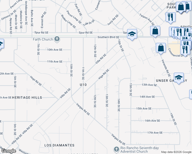 map of restaurants, bars, coffee shops, grocery stores, and more near 1122 Villa Road Southeast in Rio Rancho