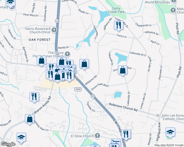 map of restaurants, bars, coffee shops, grocery stores, and more near 7415 Farm Gate Drive in Charlotte