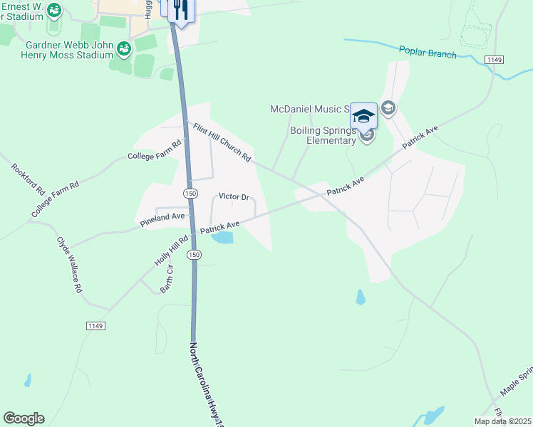 map of restaurants, bars, coffee shops, grocery stores, and more near State Road 1149 in Cleveland County