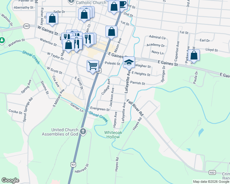 map of restaurants, bars, coffee shops, grocery stores, and more near 439 East Taylor Street in Lawrenceburg