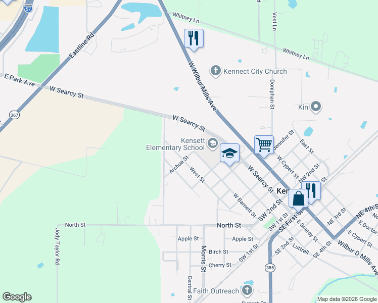 map of restaurants, bars, coffee shops, grocery stores, and more near 907 West Barnett Street in Kensett