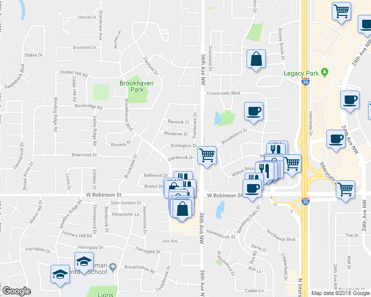 map of restaurants, bars, coffee shops, grocery stores, and more near 3616 Burlington Drive in Norman