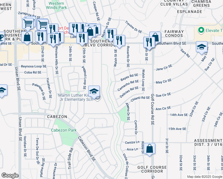 map of restaurants, bars, coffee shops, grocery stores, and more near 1255 Walsh Street Southeast in Rio Rancho