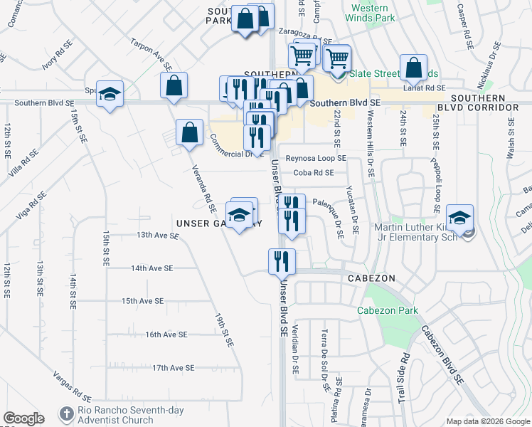 map of restaurants, bars, coffee shops, grocery stores, and more near 1944 12th Avenue Southeast in Rio Rancho