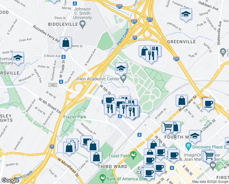 map of restaurants, bars, coffee shops, grocery stores, and more near 215 North Irwin Avenue in Charlotte