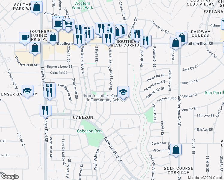 map of restaurants, bars, coffee shops, grocery stores, and more near 1205 26th Street Southeast in Rio Rancho