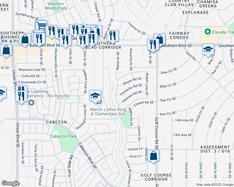 map of restaurants, bars, coffee shops, grocery stores, and more near 1256 Walsh Street Southeast in Rio Rancho