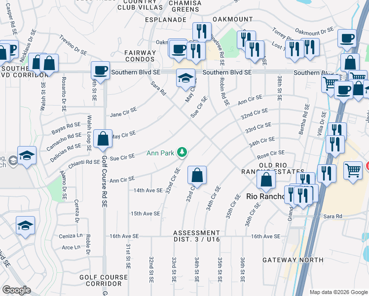 map of restaurants, bars, coffee shops, grocery stores, and more near 1413 32nd Circle Southeast in Rio Rancho