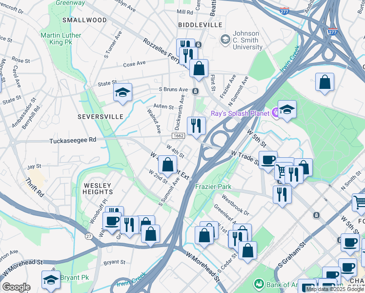 map of restaurants, bars, coffee shops, grocery stores, and more near 107 Grandin Road in Charlotte