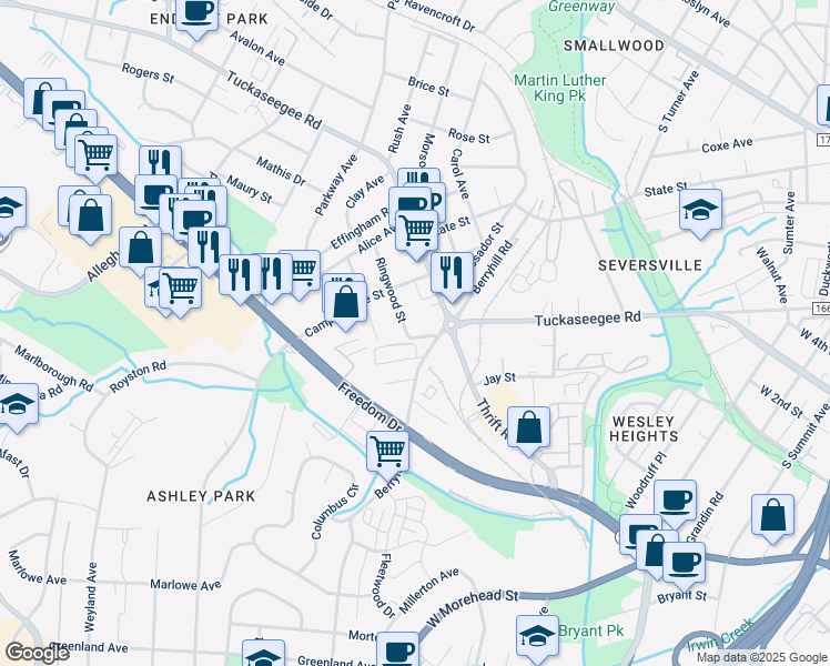 map of restaurants, bars, coffee shops, grocery stores, and more near 2401 Tuckaseegee Road in Charlotte