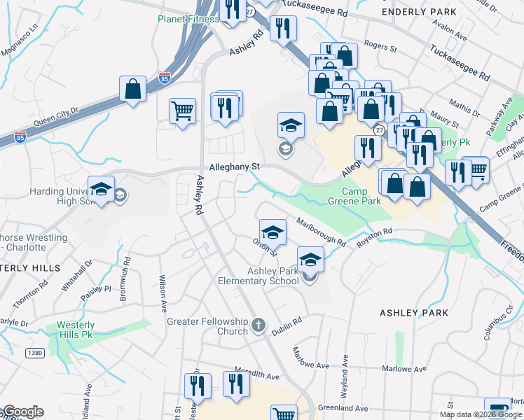 map of restaurants, bars, coffee shops, grocery stores, and more near 3233 Marlborough Road in Charlotte