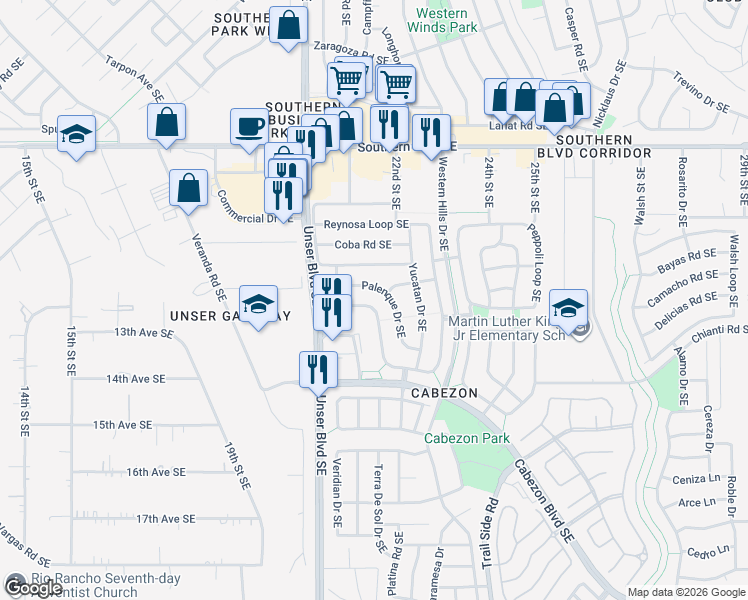 map of restaurants, bars, coffee shops, grocery stores, and more near 2132 Palenque Drive Southeast in Rio Rancho