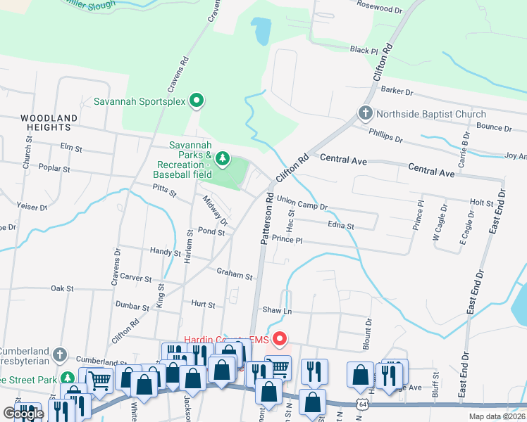 map of restaurants, bars, coffee shops, grocery stores, and more near 710 Clifton Road in Savannah