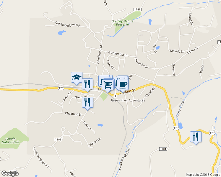 map of restaurants, bars, coffee shops, grocery stores, and more near 112 Charles St in Saluda