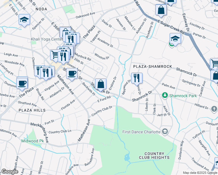 map of restaurants, bars, coffee shops, grocery stores, and more near 3113 Erskine Drive in Charlotte