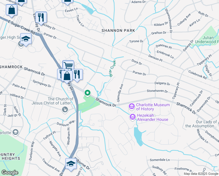 map of restaurants, bars, coffee shops, grocery stores, and more near 3249 Shamrock Drive in Charlotte