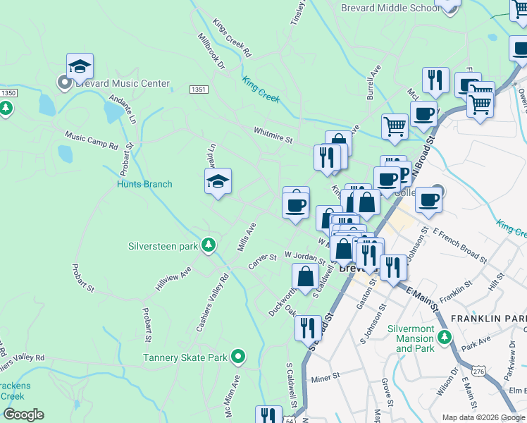 map of restaurants, bars, coffee shops, grocery stores, and more near 375 West Main Street in Brevard