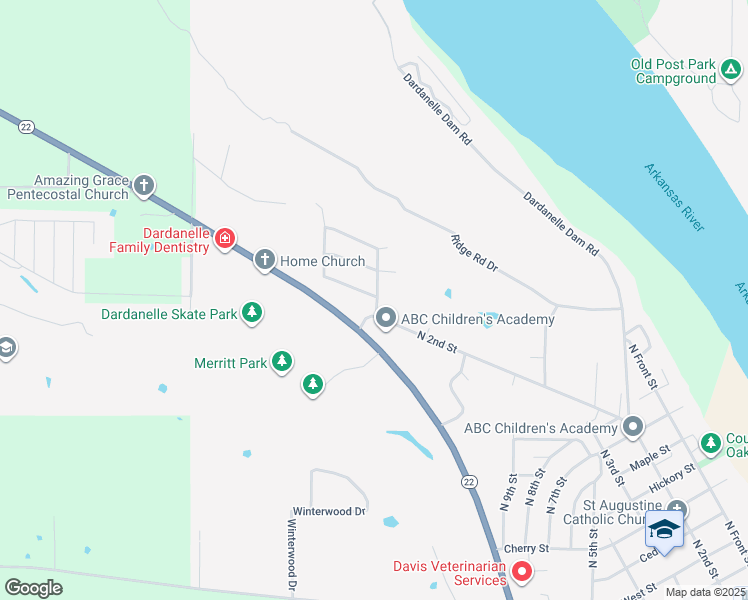 map of restaurants, bars, coffee shops, grocery stores, and more near 2105 Military Street in Dardanelle