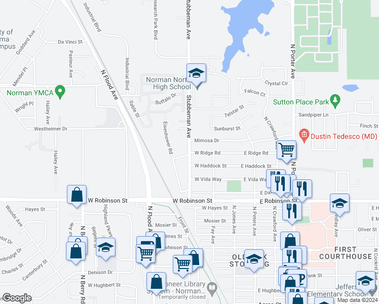 map of restaurants, bars, coffee shops, grocery stores, and more near 1525 Stubbeman Avenue in Norman