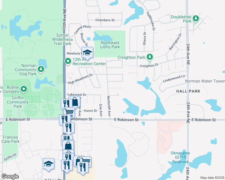 map of restaurants, bars, coffee shops, grocery stores, and more near 1703 Ridgemont Circle in Norman
