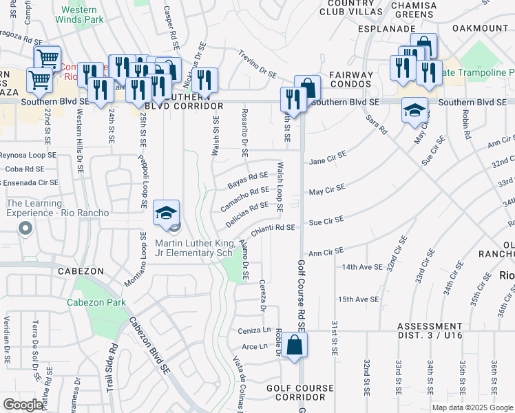 map of restaurants, bars, coffee shops, grocery stores, and more near 2704 Delicias Road Southeast in Rio Rancho
