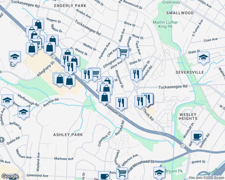 map of restaurants, bars, coffee shops, grocery stores, and more near 2426 Freedom Drive in Charlotte
