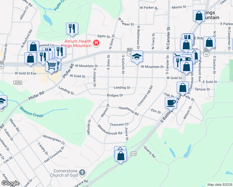 map of restaurants, bars, coffee shops, grocery stores, and more near 606 Bridges Drive in Kings Mountain