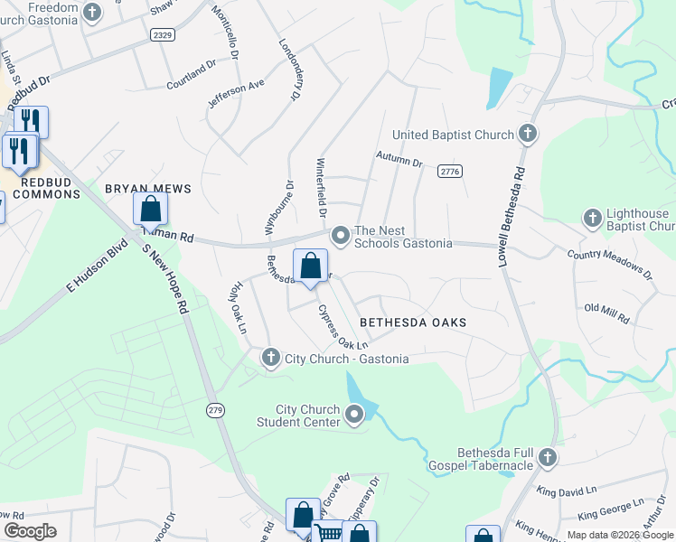 map of restaurants, bars, coffee shops, grocery stores, and more near 2461 Bethesda Oaks Drive in Gastonia
