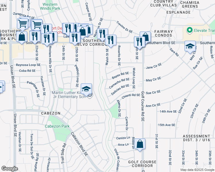 map of restaurants, bars, coffee shops, grocery stores, and more near 1252 Walsh Street Southeast in Rio Rancho
