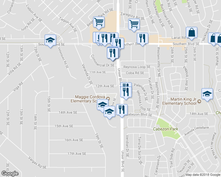 map of restaurants, bars, coffee shops, grocery stores, and more near 1944 12th Avenue Southeast in Rio Rancho