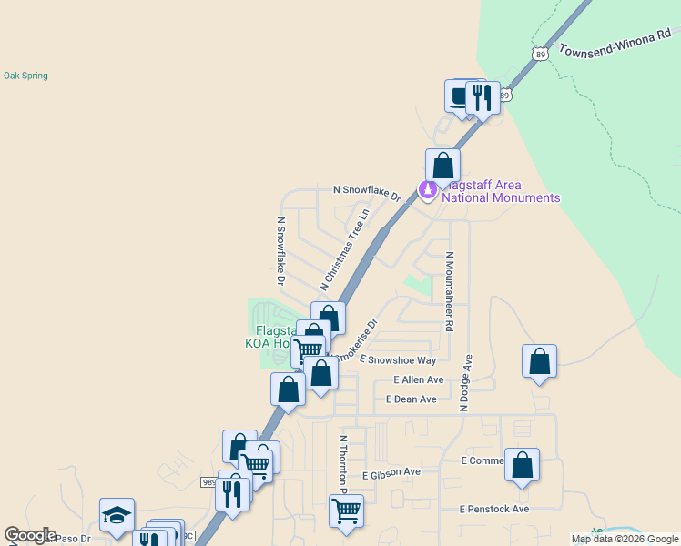 map of restaurants, bars, coffee shops, grocery stores, and more near 6106 North Christmas Tree Lane in Flagstaff