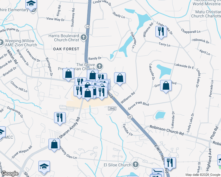 map of restaurants, bars, coffee shops, grocery stores, and more near in Charlotte