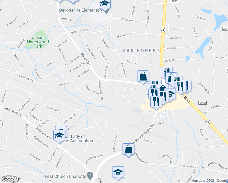 map of restaurants, bars, coffee shops, grocery stores, and more near 7116 Village Green Drive in Charlotte