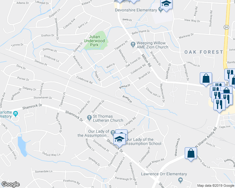 map of restaurants, bars, coffee shops, grocery stores, and more near 4050 Briarhill Drive in Charlotte