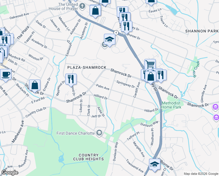 map of restaurants, bars, coffee shops, grocery stores, and more near 2641 Palm Avenue in Charlotte