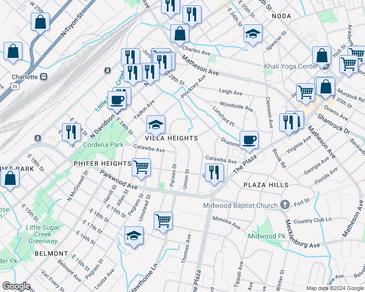 map of restaurants, bars, coffee shops, grocery stores, and more near in Charlotte