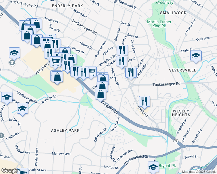 map of restaurants, bars, coffee shops, grocery stores, and more near 2426 Freedom Drive in Charlotte