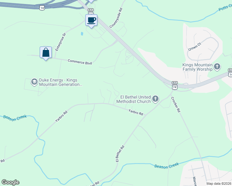 map of restaurants, bars, coffee shops, grocery stores, and more near 107 High Ridge Court in Kings Mountain