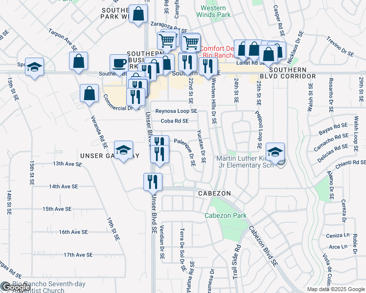 map of restaurants, bars, coffee shops, grocery stores, and more near 2132 Palenque Drive Southeast in Rio Rancho