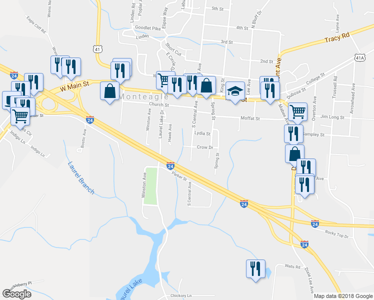 map of restaurants, bars, coffee shops, grocery stores, and more near 305 South Central Avenue in Monteagle