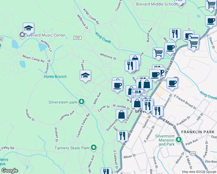 map of restaurants, bars, coffee shops, grocery stores, and more near 375 West Main Street in Brevard