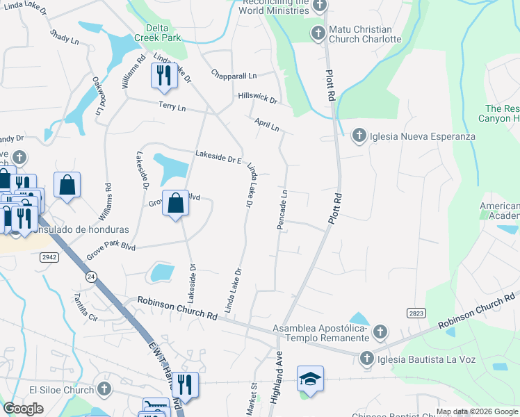 map of restaurants, bars, coffee shops, grocery stores, and more near 6900 Linda Lake Drive in Charlotte