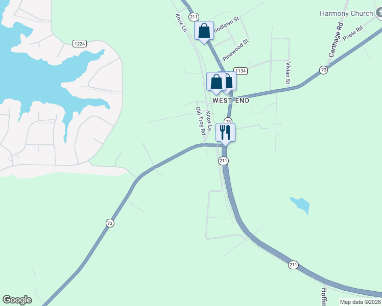 map of restaurants, bars, coffee shops, grocery stores, and more near 4267 North Carolina 73 in Moore County
