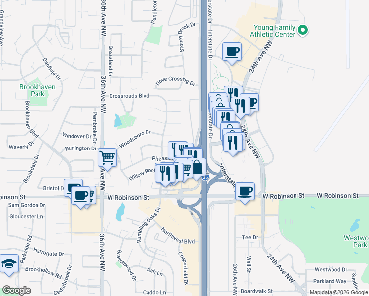 map of restaurants, bars, coffee shops, grocery stores, and more near 230 North Interstate Drive in Norman