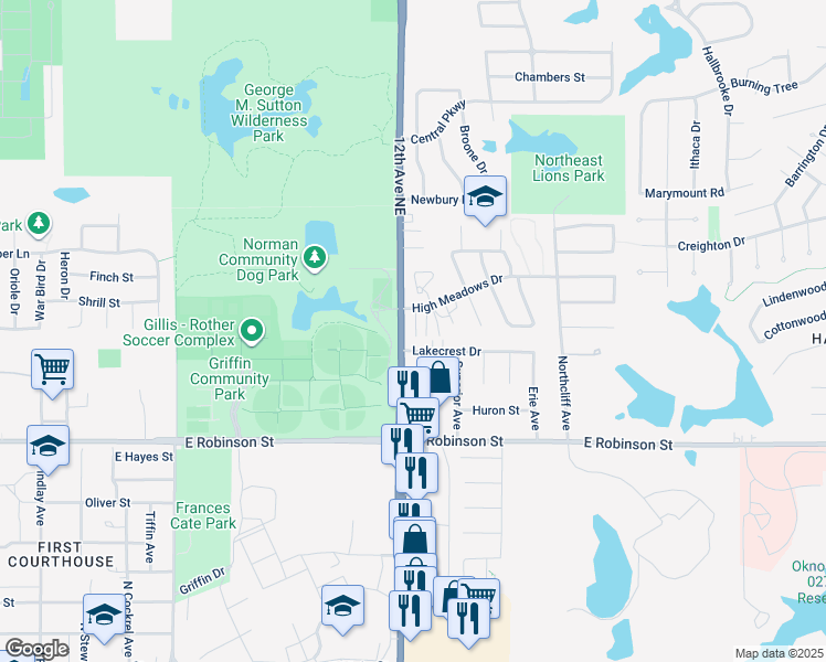 map of restaurants, bars, coffee shops, grocery stores, and more near 1210 High Meadows Drive in Norman