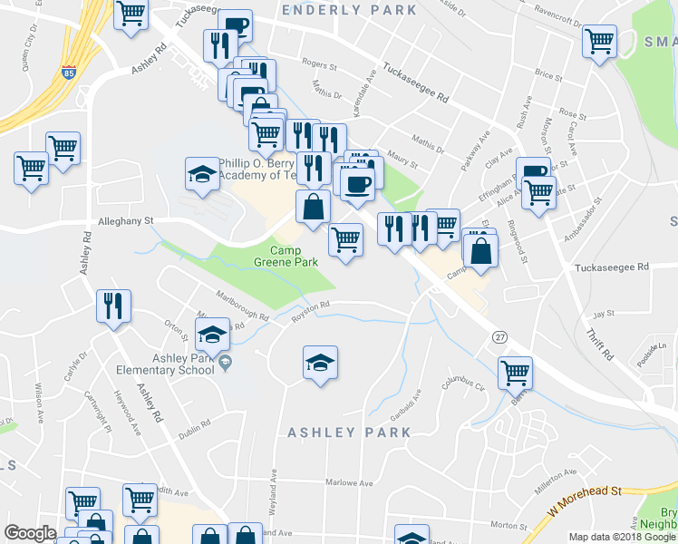 map of restaurants, bars, coffee shops, grocery stores, and more near 2615 Freedom Drive in Charlotte