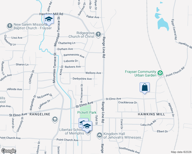 map of restaurants, bars, coffee shops, grocery stores, and more near 2624 Derbyshire Avenue in Memphis
