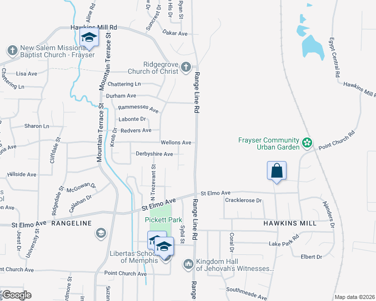 map of restaurants, bars, coffee shops, grocery stores, and more near 2624 Derbyshire Avenue in Memphis