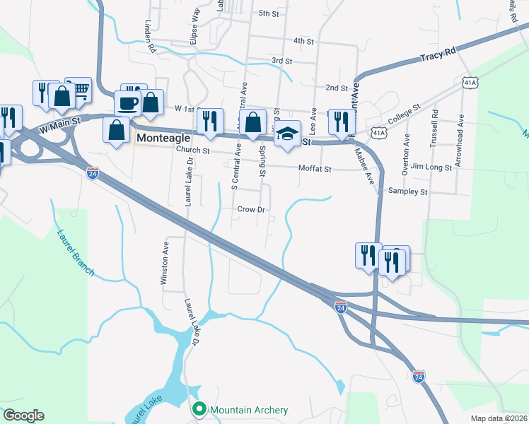 map of restaurants, bars, coffee shops, grocery stores, and more near 286 Spring Street in Monteagle